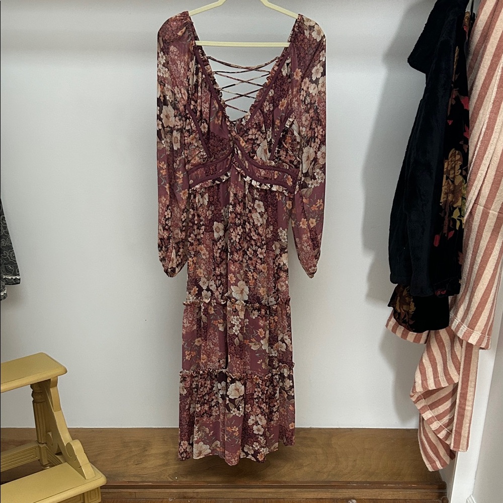 Altar'd State Maroon Floral Long Sleeve Dress